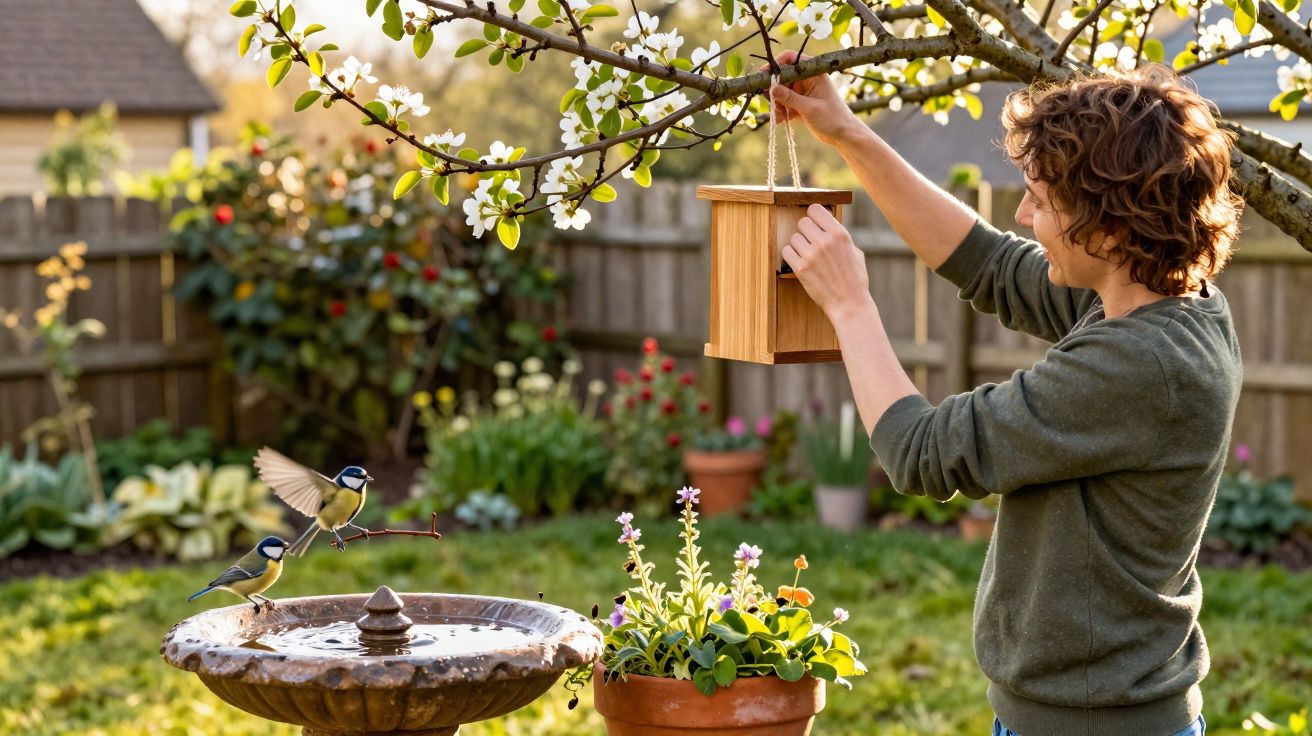 Pessoa instala casinha de pássaros em árvore florida perto de jardim com passarinhos e fonte de água.