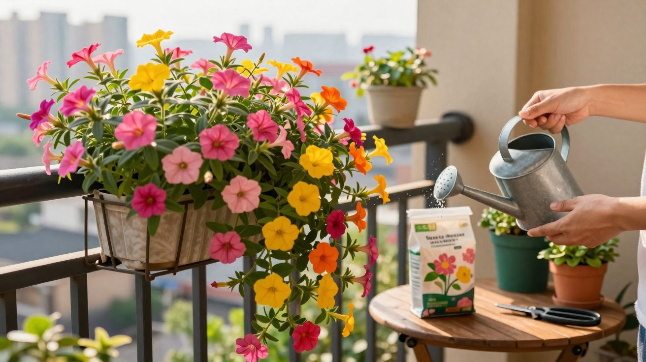 Pessoa regando flores coloridas em vaso suspenso na varanda com utensílios de jardinagem ao lado.