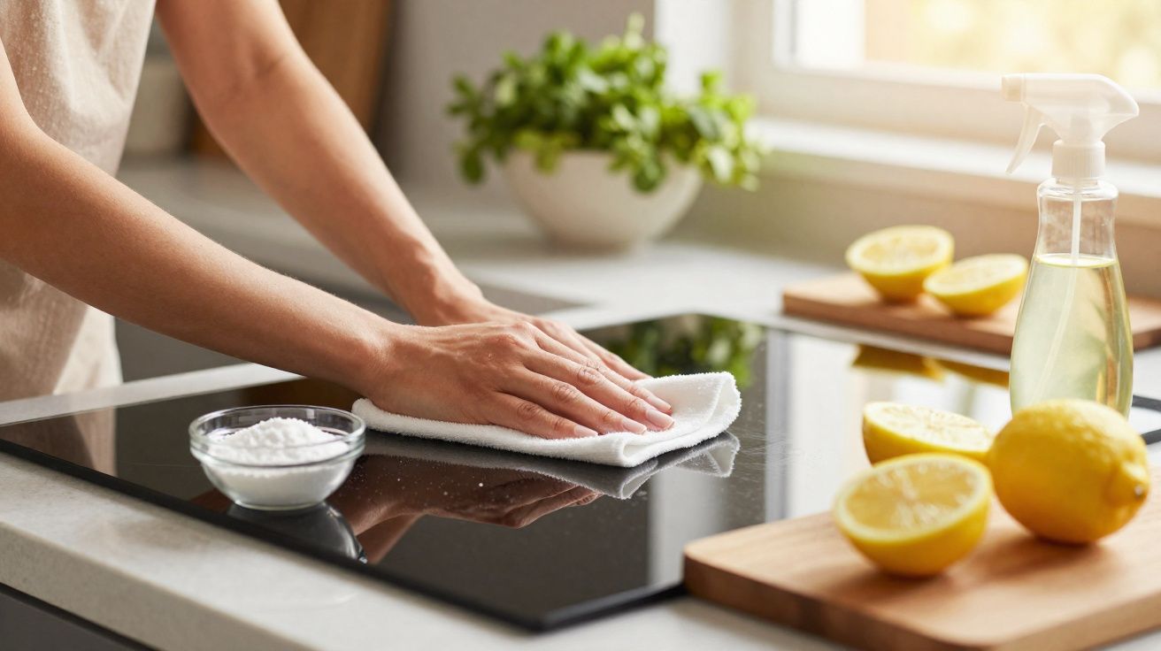 Pessoa limpando fogão de vidro na cozinha com pano branco, limão cortado e spray de limpeza ao lado.