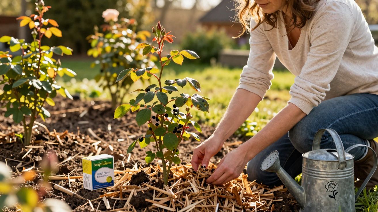 Jardineira aplicando cobertura de mulch em planta de roseira no jardim durante o dia ensolarado.