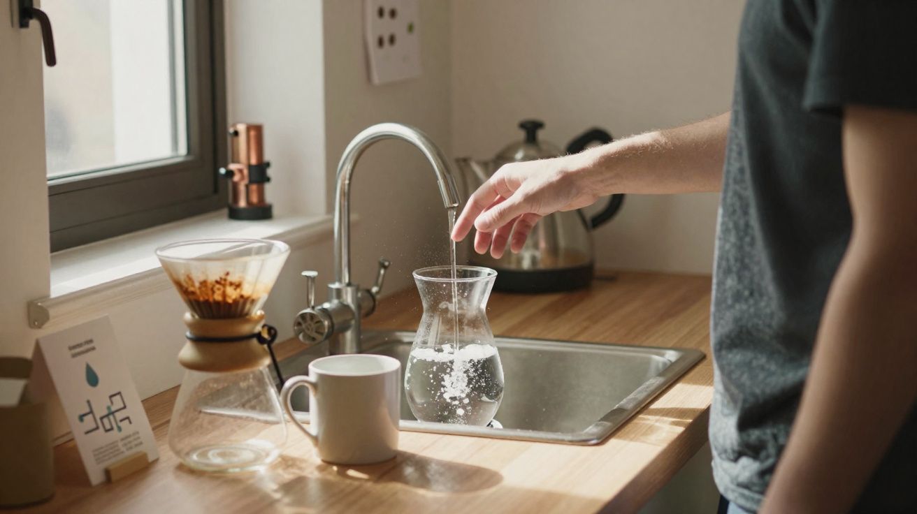Pessoa mexendo água em jarra ao lado de cafeteira e caneca em bancada de cozinha iluminada.