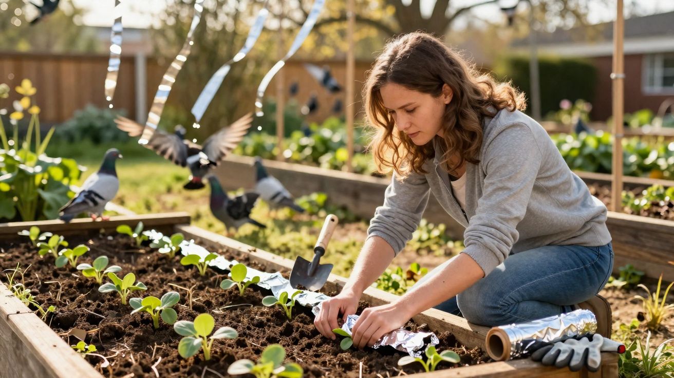 Mulher plantando mudas em canteiro de horta, com pá de jardinagem e pombos ao fundo.