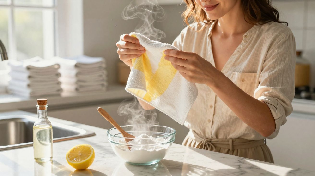 Mulher segurando pano quente sobre uma tigela com vapor, limão e óleo na bancada da cozinha.