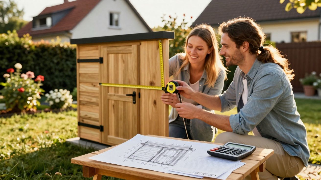 Casal medindo casinha de madeira no jardim com fita métrica e planta na mesa.