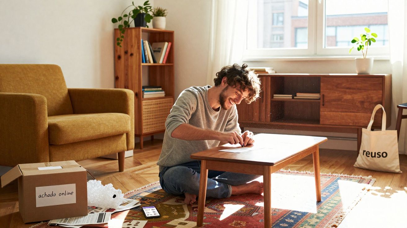 Homem sentado no chão em sala iluminada, escrevendo em papel sobre mesa de madeira baixa.