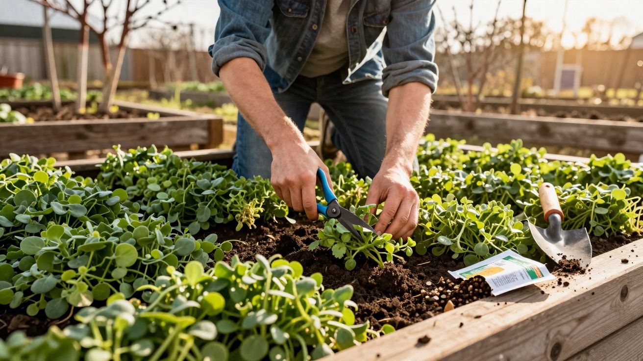 Pessoa com tesoura de poda cuidando de mudas verdes em canteiro de madeira em jardim.