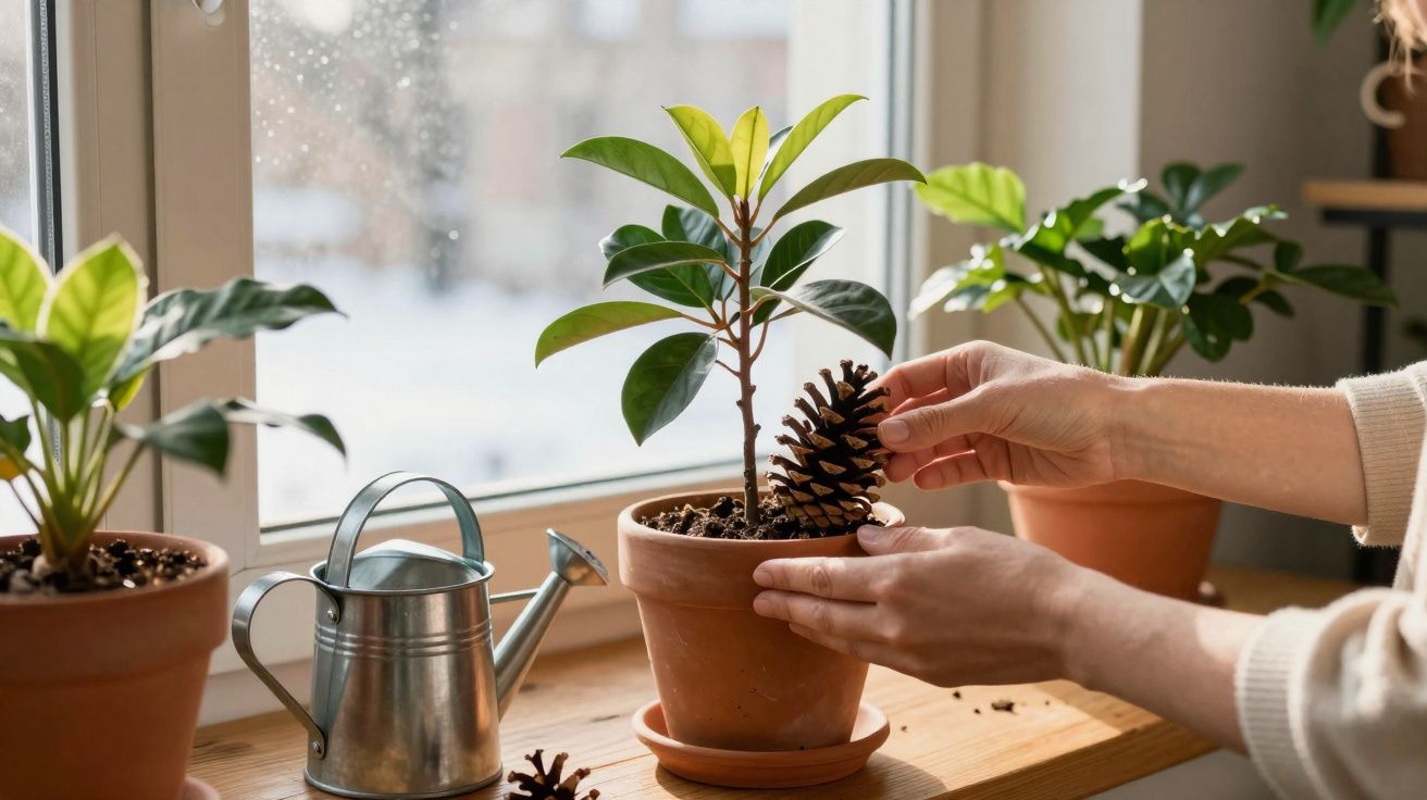 Pessoa cuidando de planta em vaso com pinha, ao lado de regador metálico em peitoril de janela.