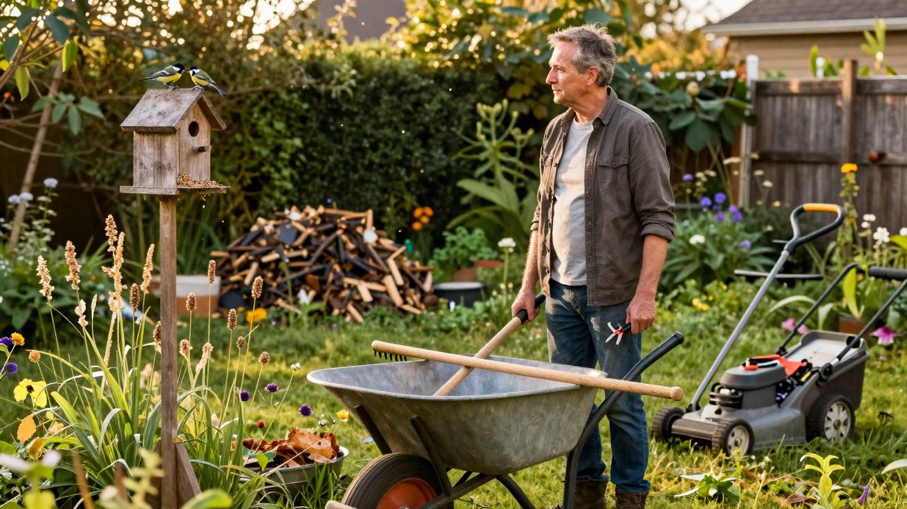 Homem de meia-idade com ferramentas em um jardim observando pássaros em casa de madeira.