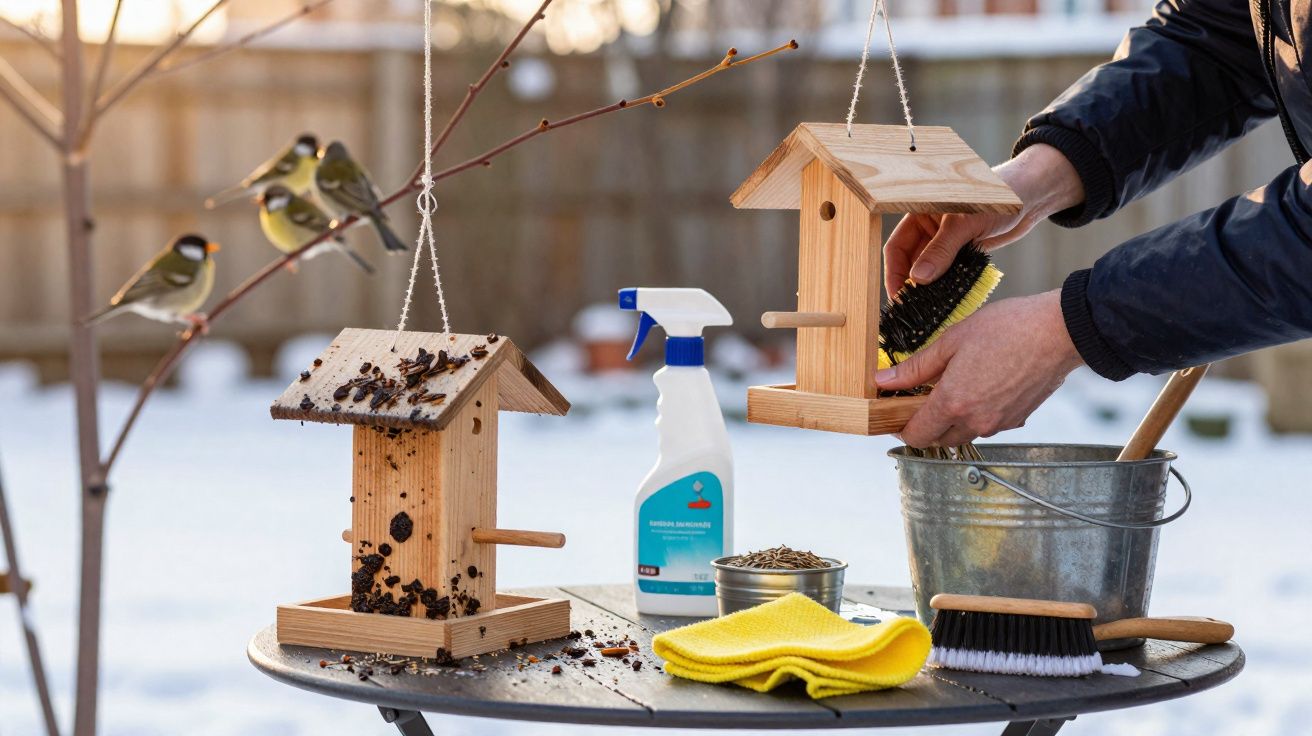 Pessoa limpando com escova e produtos dois comedouros de madeira para pássaros em mesa externa com neve.