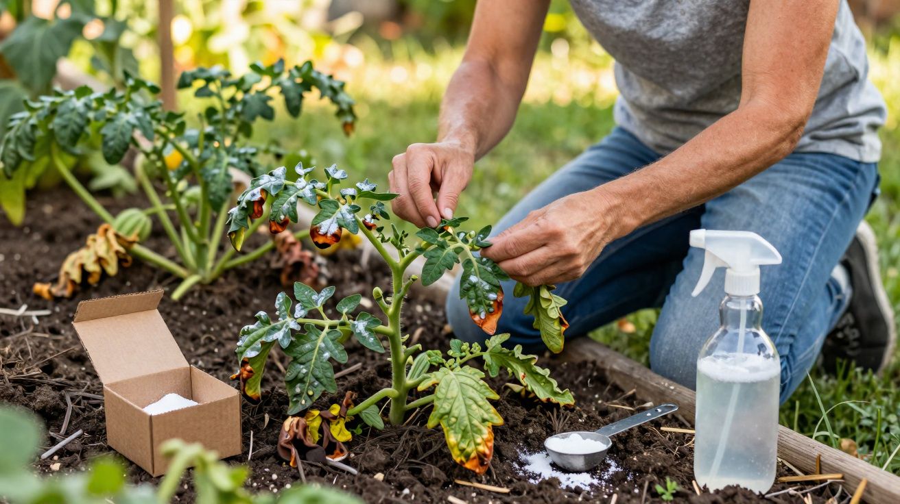 Pessoa aplicando tratamento caseiro em planta de tomateiro com folhas doentes em jardim.