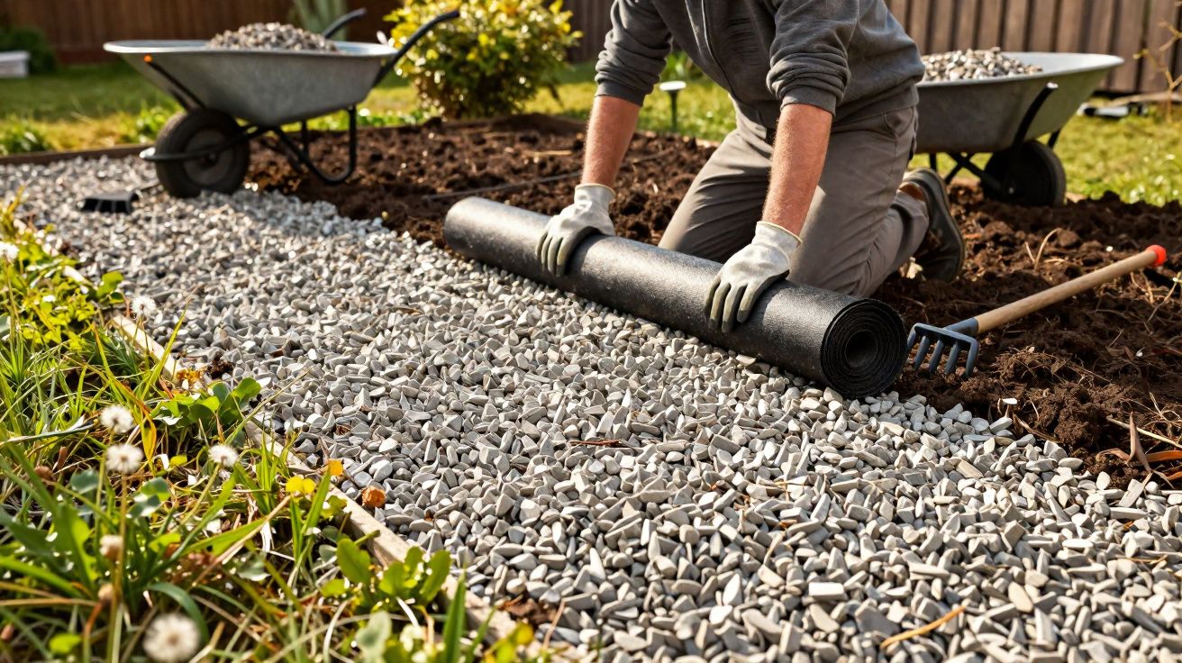 Pessoa com luvas instala manta de controle de ervas daninhas sobre área com brita em jardim.