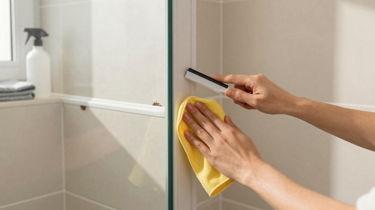 Mãos femininas limpando porta de vidro de box de banheiro com pano amarelo e raspador.