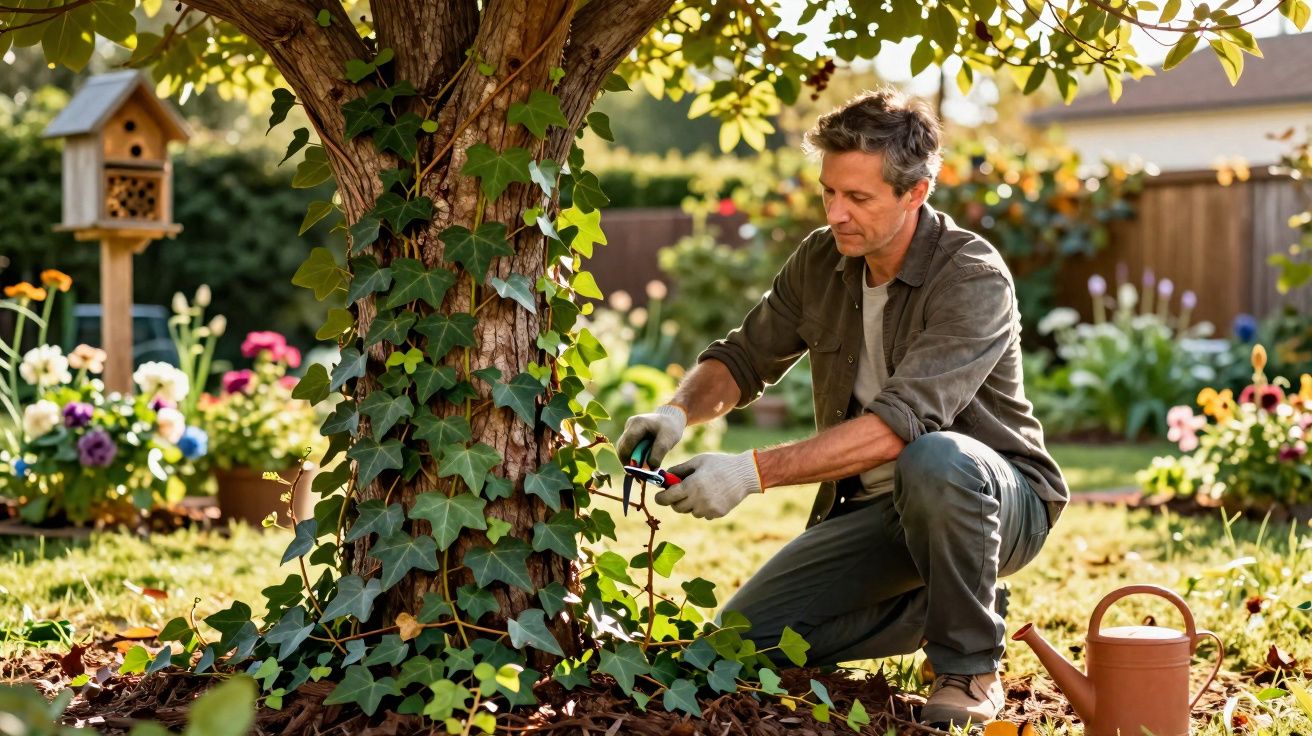 Homem cuidando de plantas e removendo folhas perto de árvore em jardim com flores ao redor.