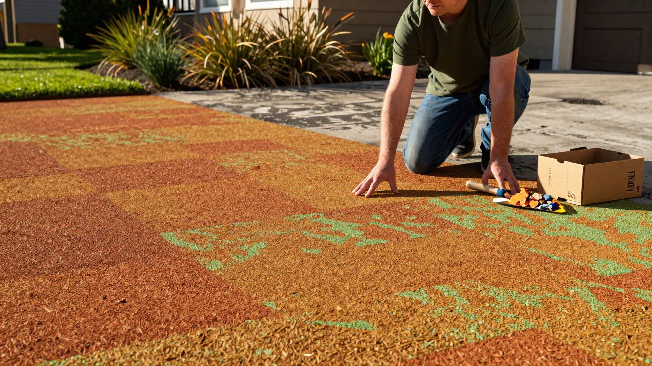 Homem de joelhos aplicando revestimento colorido em chão externo com espátula e pequenas peças de cerâmica.