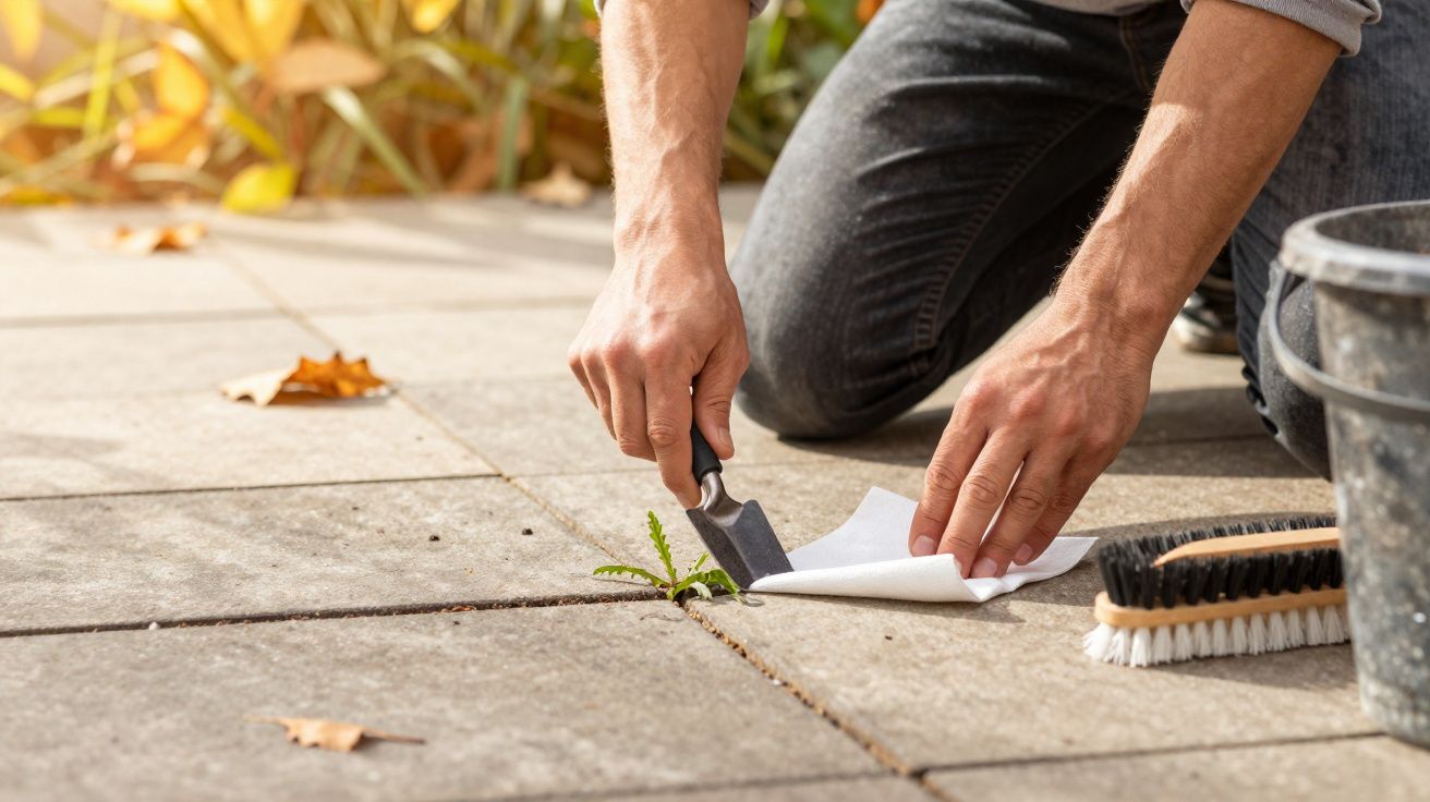 Pessoa removendo erva daninha entre os espaços do piso com uma pequena pá e pano branco apoiado.