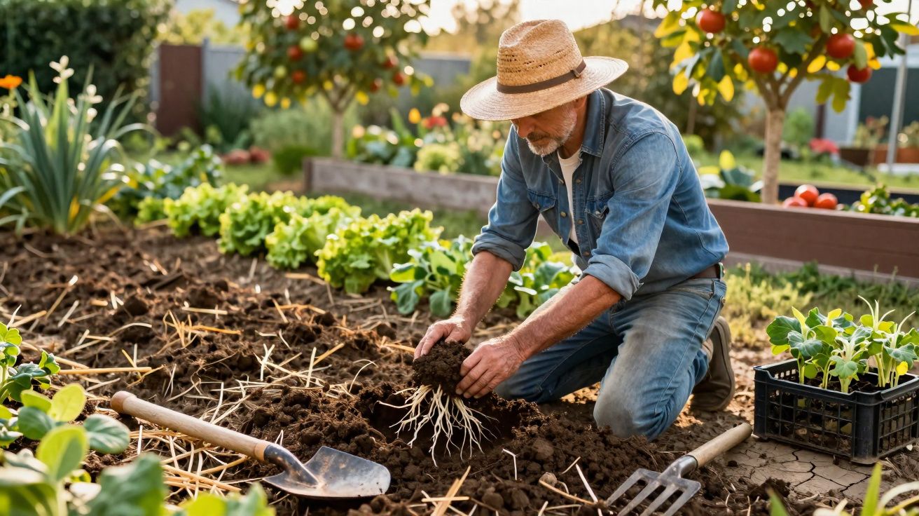 Homem com chapéu, agachado, plantando mudas em horta caseira ensolarada.
