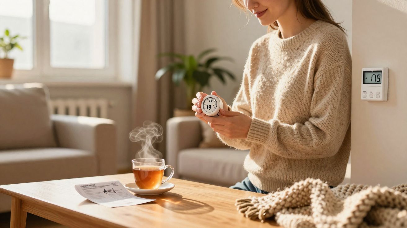 Mulher ajusta termostato inteligente em sala aconchegante com chá quente e cobertor sobre mesa de madeira.