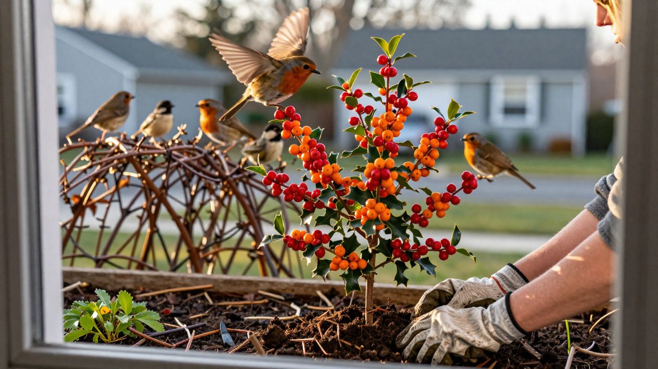 Pessoa plantando arbusto com frutos vermelhos e laranja, enquanto pássaros pousam nas proximidades no jardim.