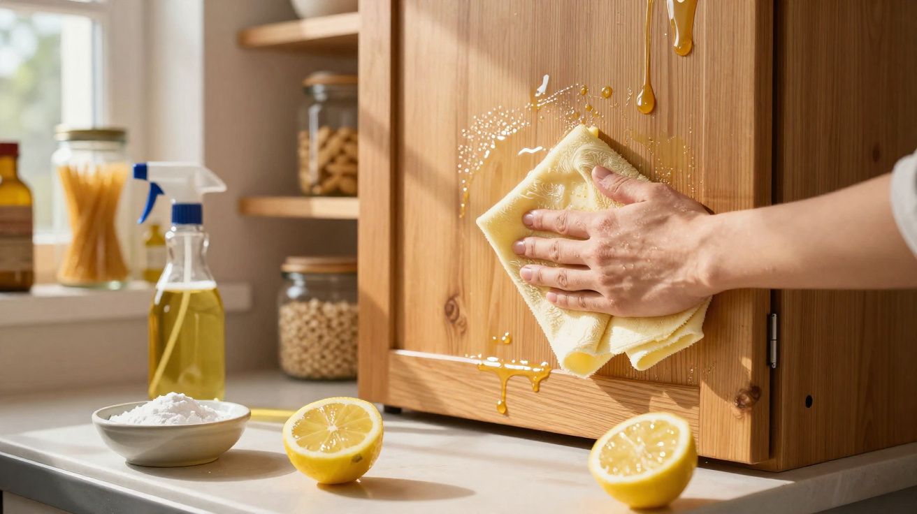 Mão limpa tampa de armário de madeira com pano amarelo e gotas de líquido, limão e bicarbonato ao lado.