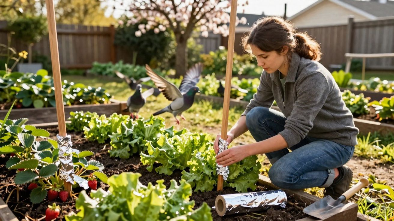 Mulher cuidando do jardim, amarrando protetor em estacas próximas a hortaliças e morangos.