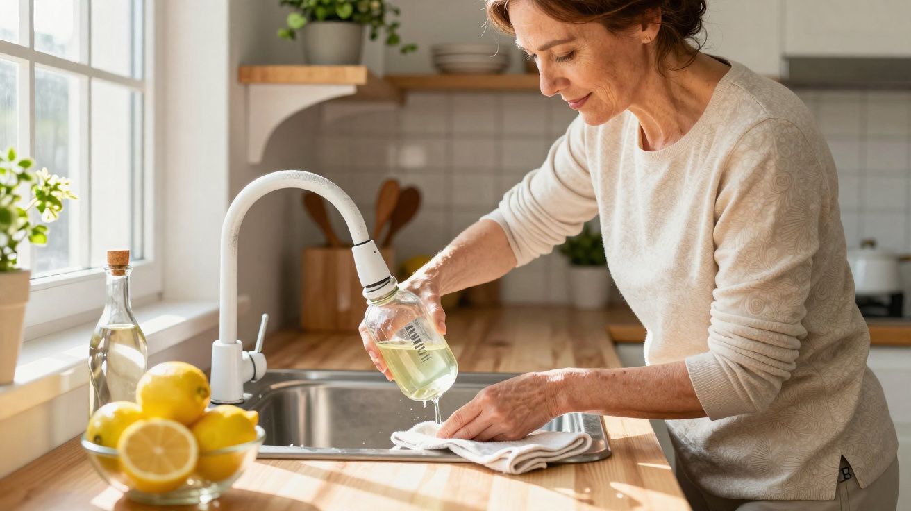 Mulher limpa a pia da cozinha com detergente ao lado de tigela com limões e janela iluminada.
