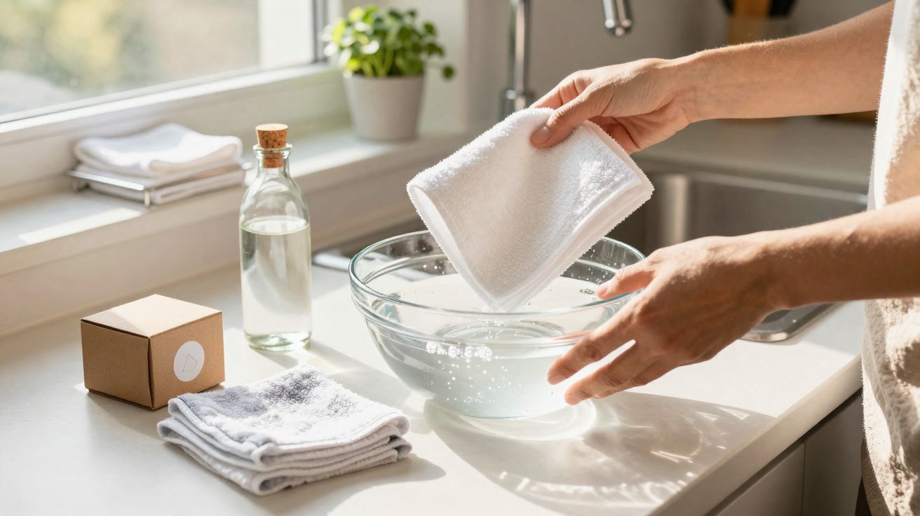 Mãos molhando pano branco em tigela com água em bancada de cozinha iluminada.