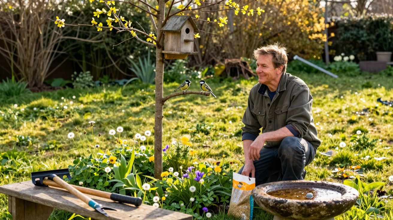 Homem agachado em jardim com ferramentas, plantando perto de pássaros em árvore e comedouro.