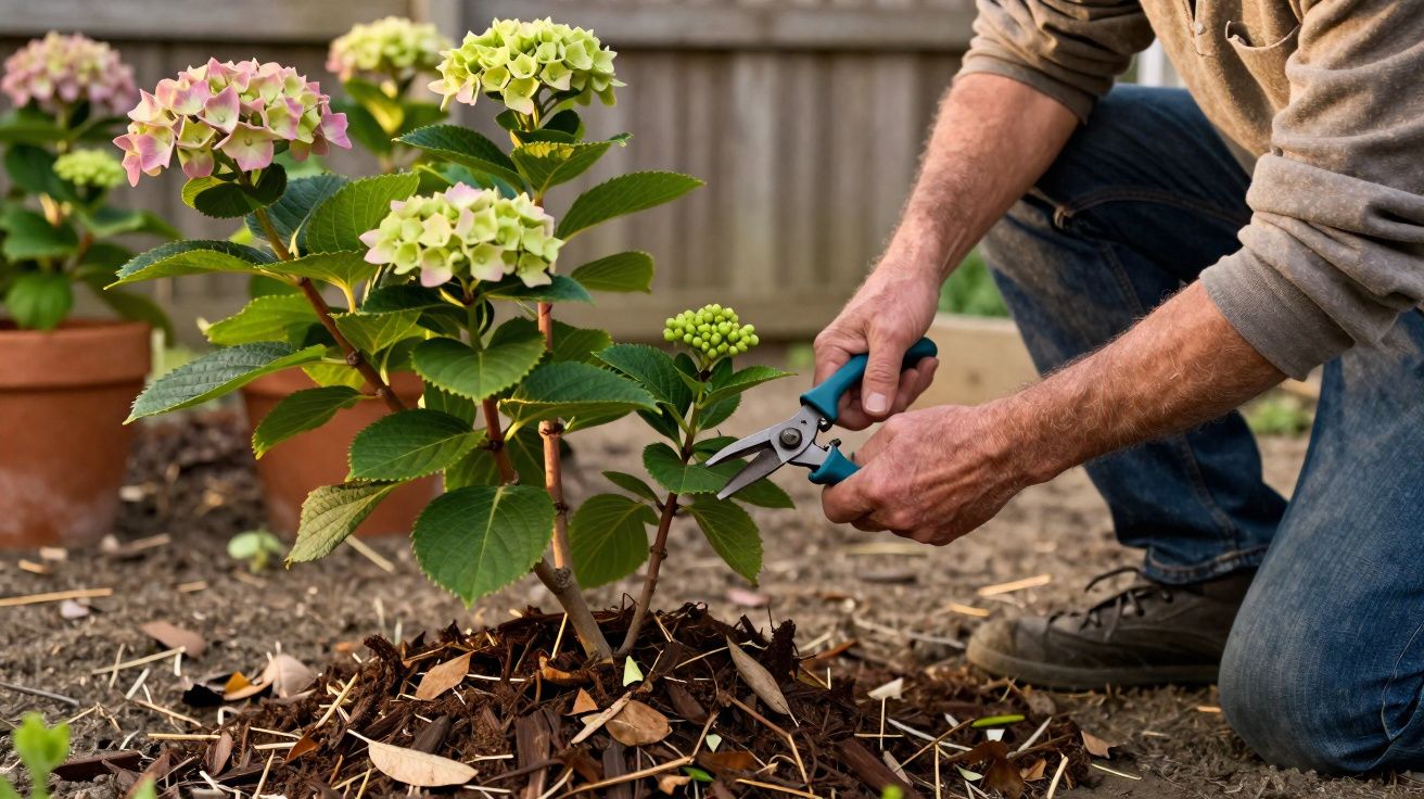 Pessoa podando hortênsia verde com tesoura de jardinagem em jardim com vasos ao fundo.