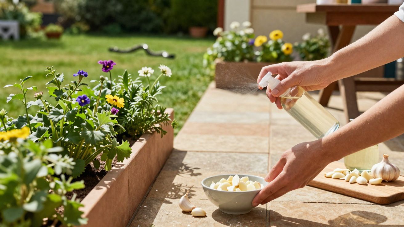 Pessoa borrifando líquido sobre dentes de alho em tigela ao lado de canteiro com flores coloridas.