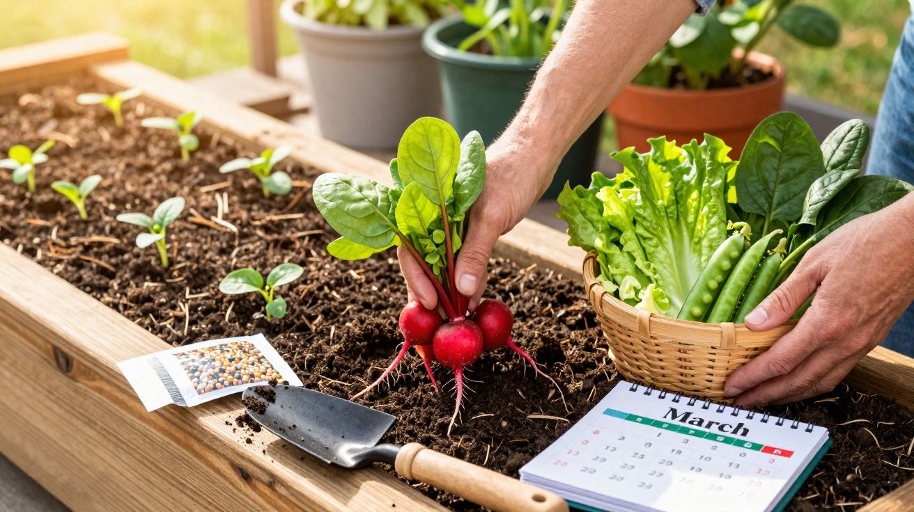 Pessoa colhendo rabanetes frescos em horta com alface, ervilha e calendário em março ao lado.