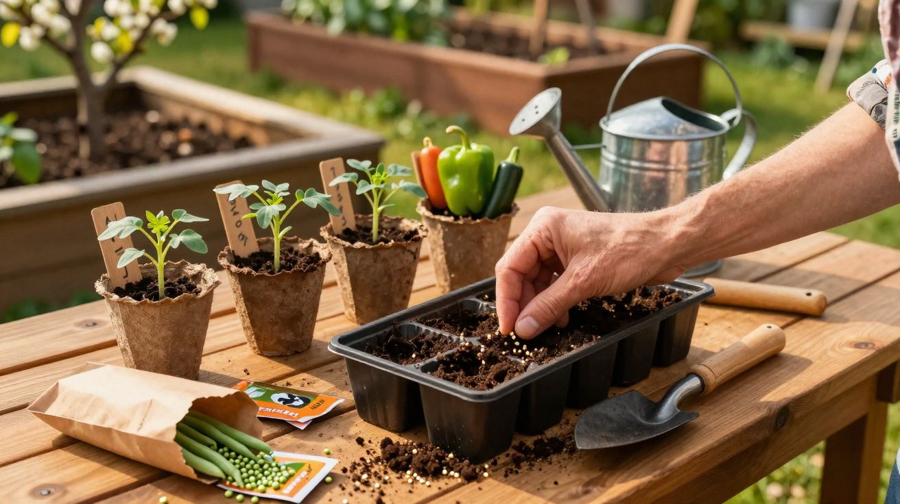 Pessoa plantando sementes em bandeja de mudas com regador, vasos e sementes em bancada de madeira.