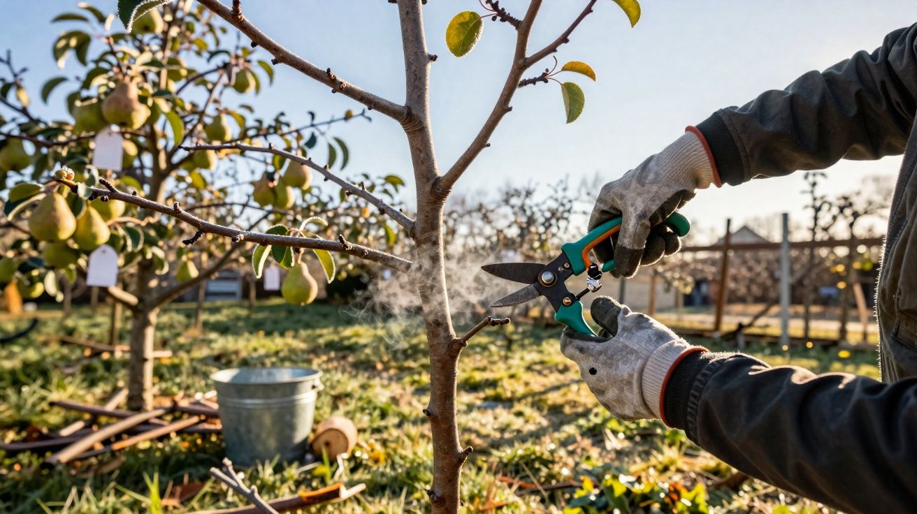 Pessoa podando ramo de árvore frutífera em pomar durante dia ensolarado.