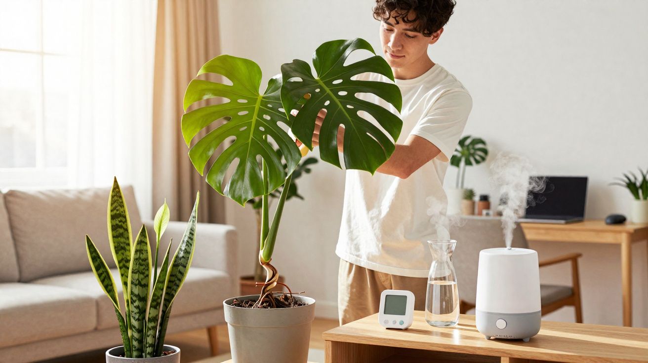 Homem cuidando de planta monstera em vaso dentro de sala iluminada com umidificador ao lado.