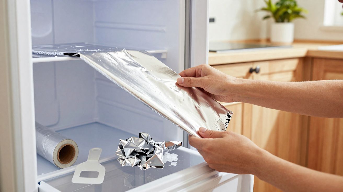 Pessoa cobrindo prateleira de freezer com papel alumínio para facilitar limpeza.
