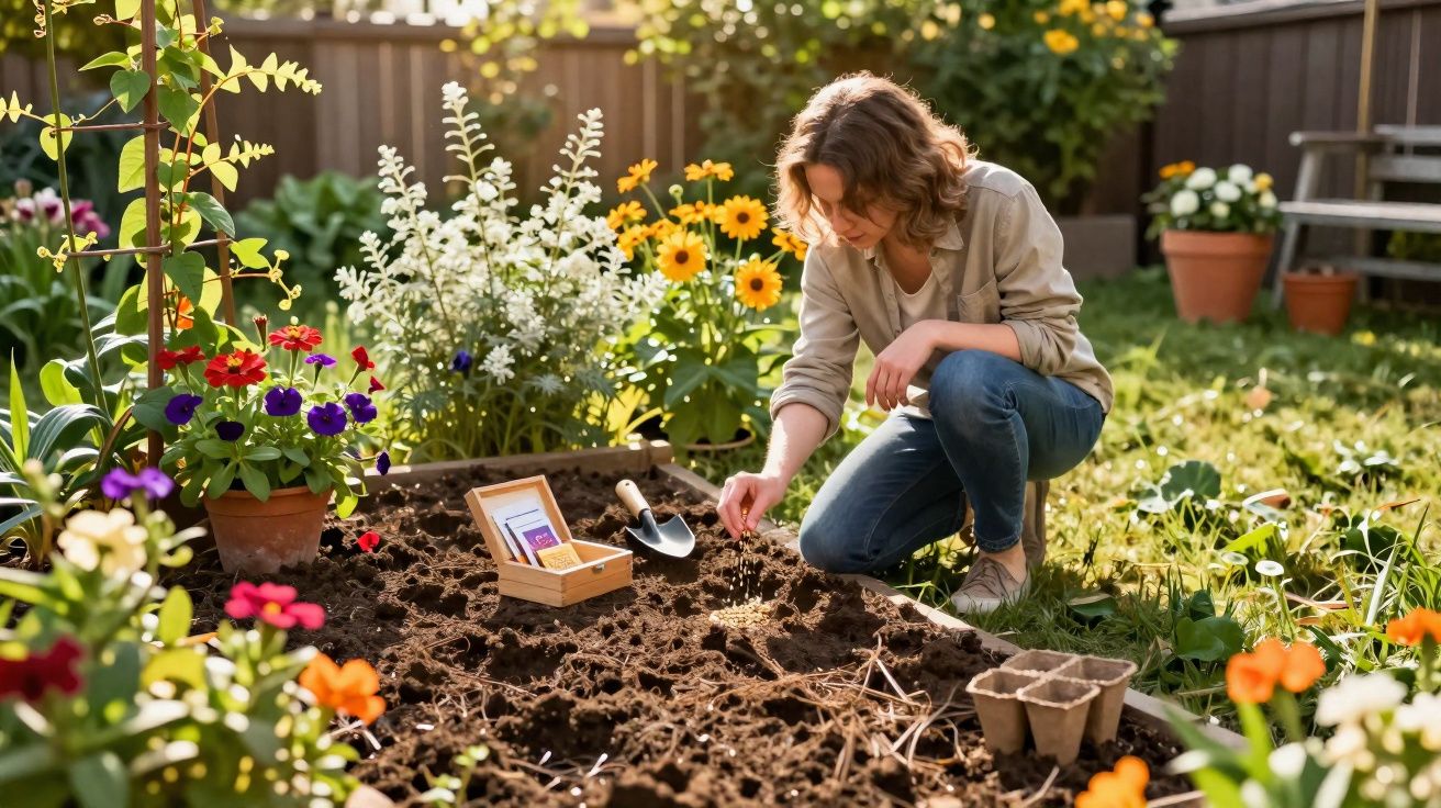 Mulher agachada plantando sementes em canteiro de jardim rodeado por flores coloridas e ferramentas de jardinagem.