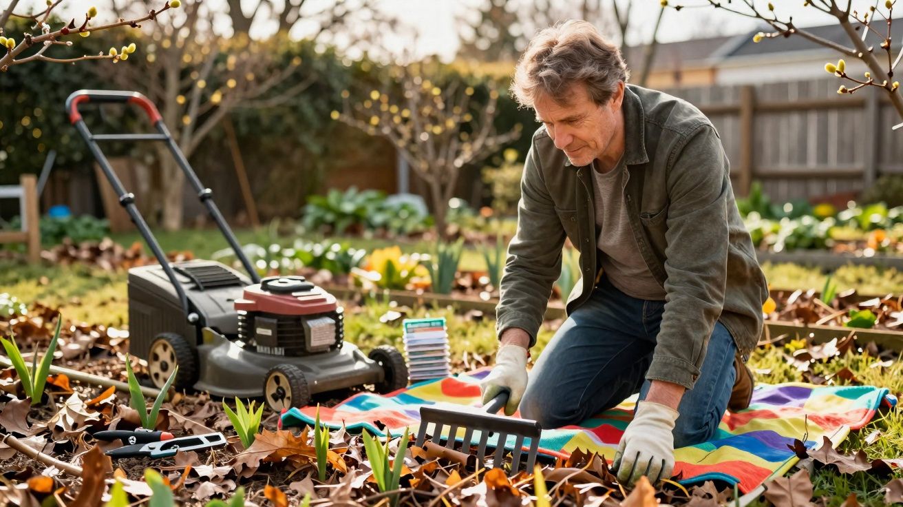 Homem com luvas cuida do jardim no outono, com folhas secas, ferramentas e cortador de grama ao redor.