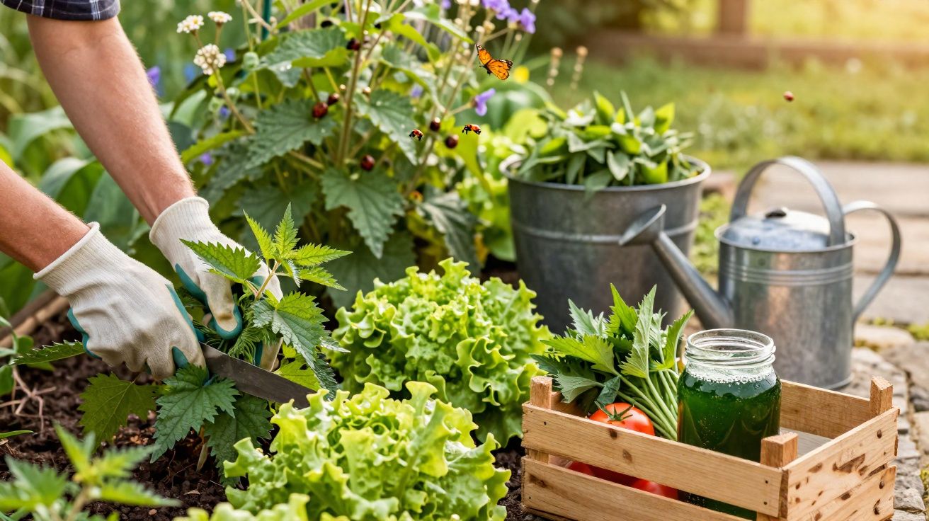 Pessoa com luvas colhendo folhas em horta com alface, regador, jarra e cesta de legumes ao sol.