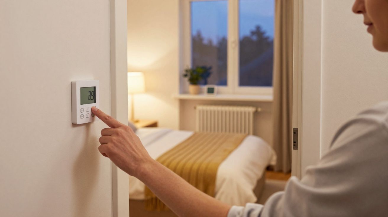 Pessoa ajustando termostato digital na parede próxima a um quarto com cama arrumada e janela.
