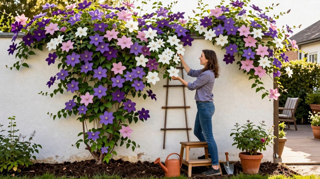 Mulher cuidando de flores roxas, rosas e brancas crescidas em uma parede branca no jardim.