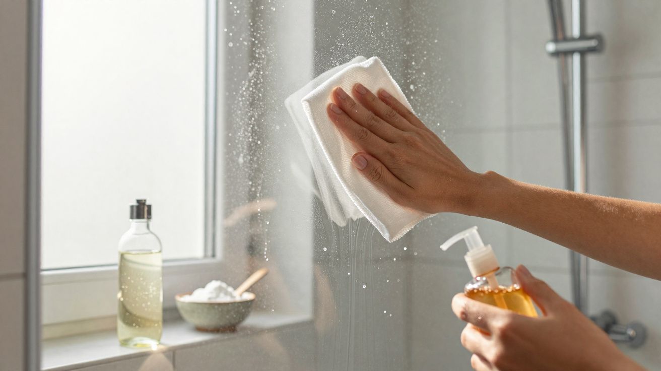 Mãos limpando espelho do banheiro com pano branco e frasco de sabonete líquido ambar.