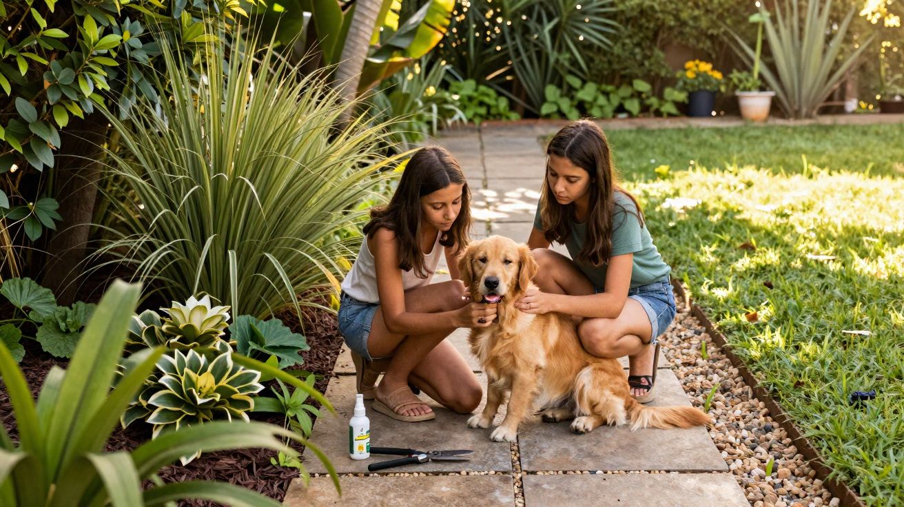 Duas meninas cuidam de um cachorro Golden Retriever em um jardim ensolarado.