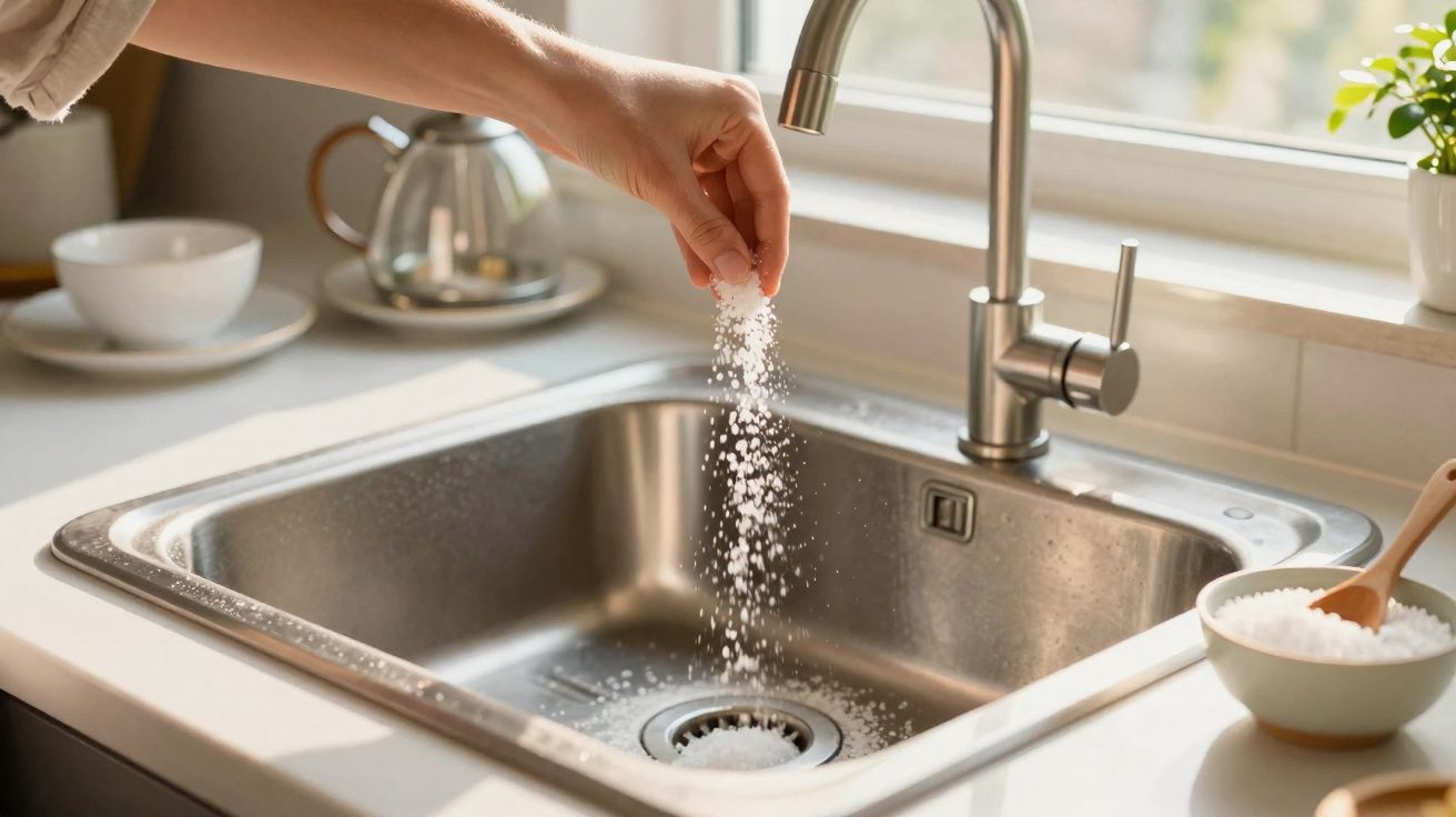 Mão despejando sal no ralo da pia de cozinha de aço inoxidável com cuba e torneira moderna.