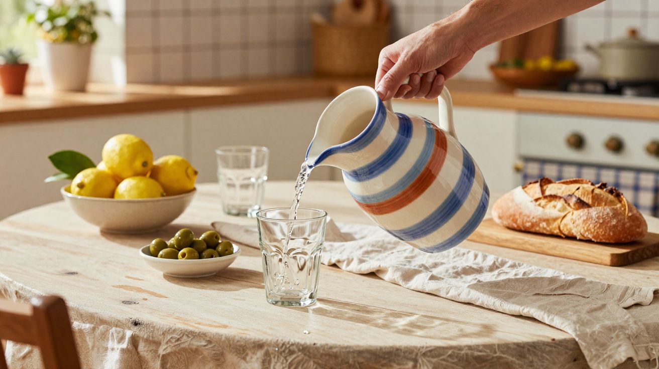Pessoa servindo água em copo de vidro em mesa com pão, azeitonas e limões em cozinha iluminada.
