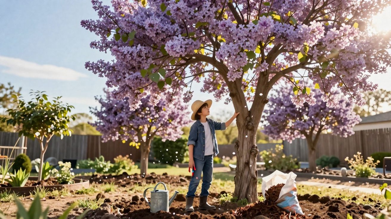 Criança com chapéu tocando árvore florida roxa em jardim, ao lado regador e saco de terra.