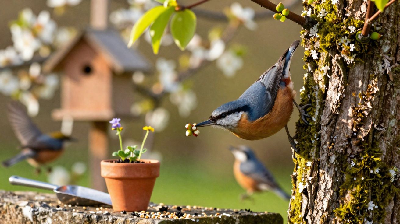 Pássaro azul e laranja segurando uma semente no bico, pousado em tronco de árvore com plantas e flores ao redor.