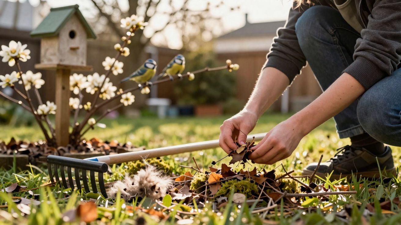 Pessoa agachada juntando folhas secas no jardim com pequenas aves ao fundo perto de casa.