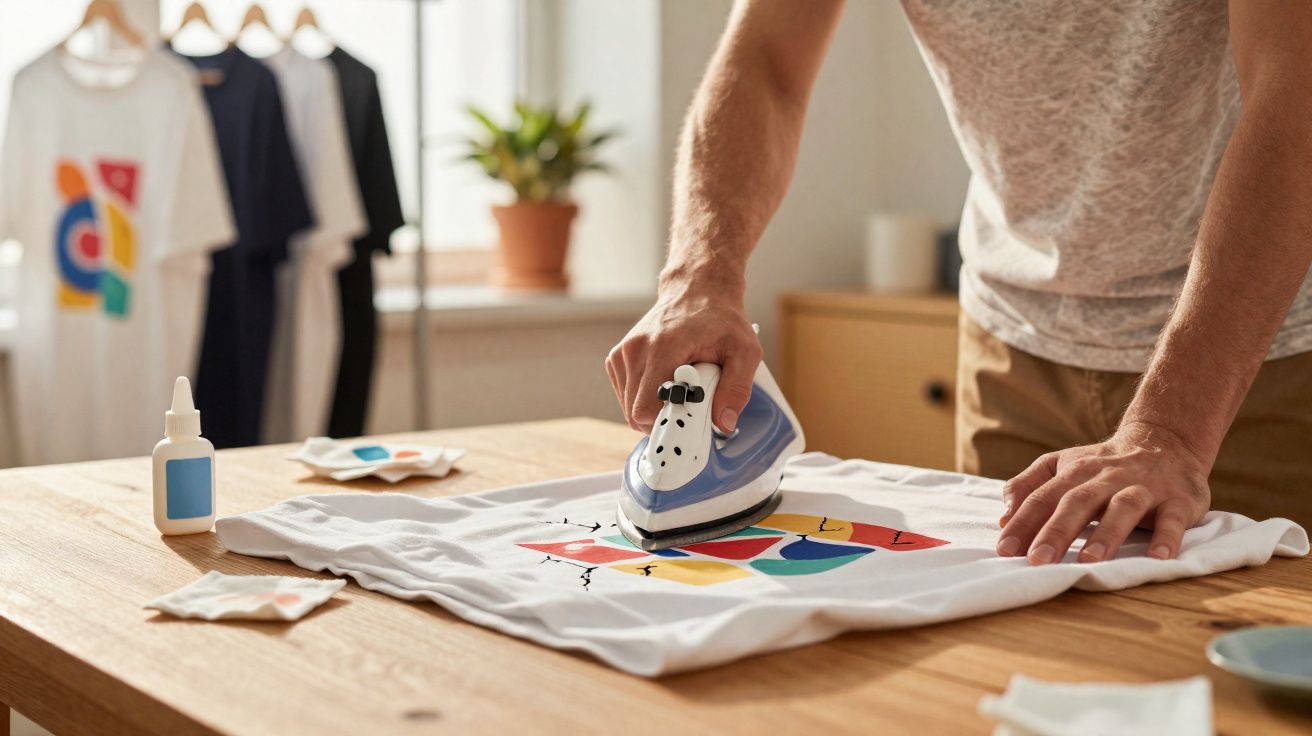 Pessoa passando ferro em camiseta branca com estampa colorida sobre mesa de madeira em ambiente iluminado.