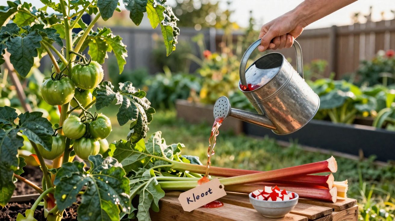 Pessoa regando plantas em jardim com regador metálico e talos de ruibarbo em caixa de madeira.