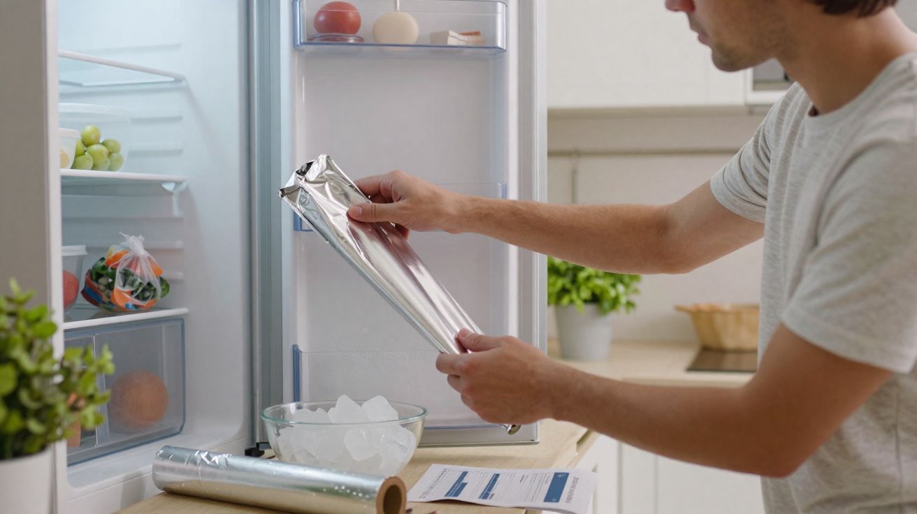 Pessoa segurando papel alumínio perto da geladeira aberta com uma tigela de gelo na bancada da cozinha.