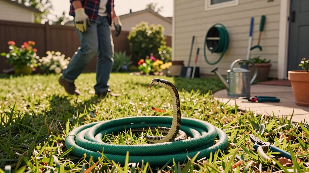 Cobra levantada dentro de mangueira no jardim, com homem ao fundo se aproximando cautelosamente.